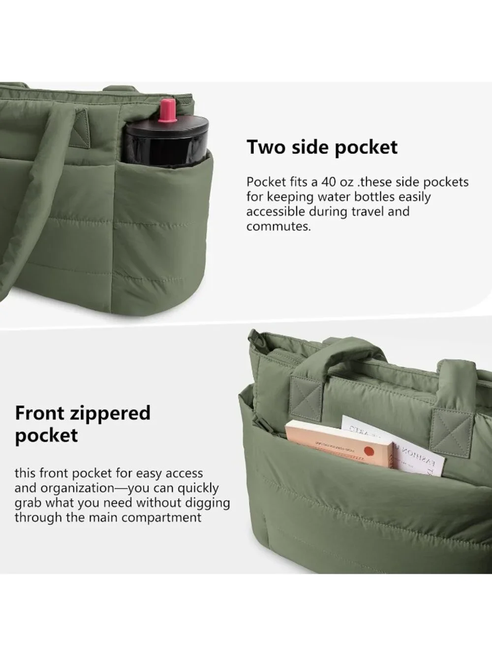 👜Women's Dark Green Quilted Puffer Tote Bag Lightweight Work For Travel Handbag